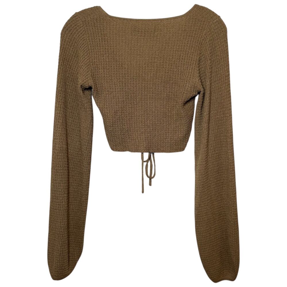 White Fox Brown Ribbed Lace‎ Up Crop Top Balloon Sleeve Size XS Minimalist Basic - Picture 5 of 9